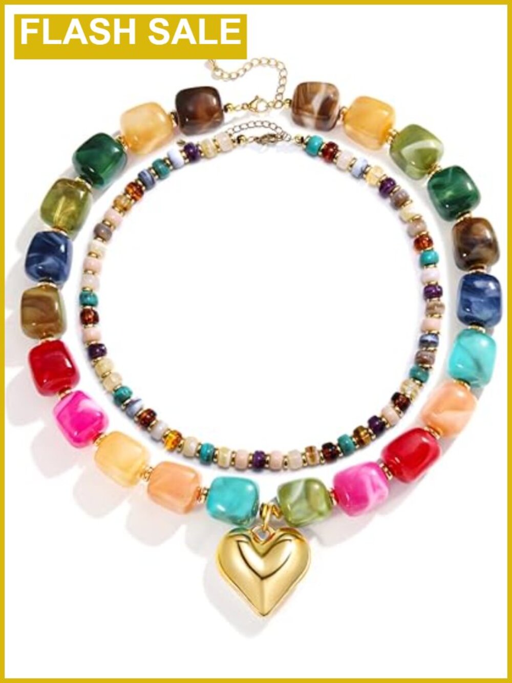 2Pc Chunky Acrylic Beaded Choker Necklace Set Adjustable Boho Beach Jewelry